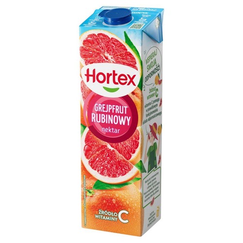 Nektar Hortex Grejpfrut Rubinowy w kartonie 1 litr. Na opakowaniu grafika grejpfrutów i informacja o witaminie C.