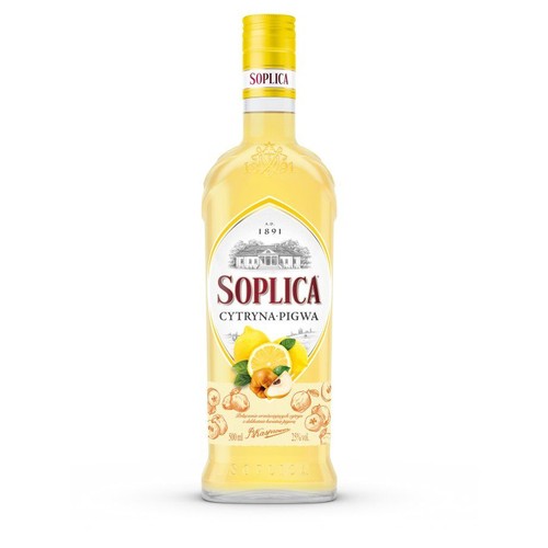 Szklana butelka Soplica Cytryna Pigwa o pojemności 500 ml i zawartości alkoholu 25% obj. Na białej etykiecie widnieje nazwa "Soplica", grafika cytryn i pigwy, a także rysunek zabytkowego budynku z datą A.D. 1891.