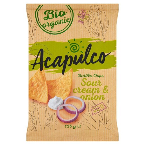 Brązowe opakowanie chipsów tortilla Acapulco Bio Organic, smak kwaśna śmietana i cebula. Waga 125 g. Z przodu grafika chipsów.