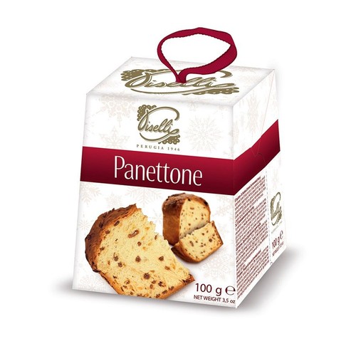 Białe, prostopadłościenne pudełko Viselli Panettone 100g z czerwoną wstążką do przenoszenia. Na froncie opakowania znajduje się grafika przedstawiająca dwa kawałki panettone z rodzynkami. Pudełko ozdobione jest złotym logo i delikatnymi płatkami śniegu.