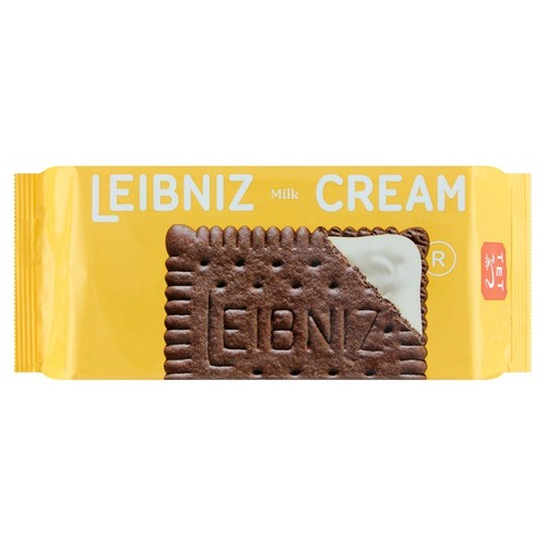 Opakowanie Leibniz Milk Cream. Na grafice czekoladowy herbatnik z kremem mlecznym, z widocznym nadgryzieniem.
