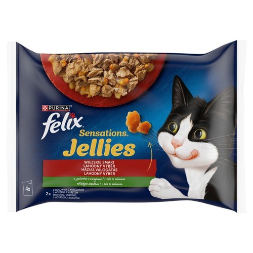Opakowanie zbiorcze karmy Felix Sensations Jellies, 4 saszetki po 85g. Mięsne kawałki w galaretce.
