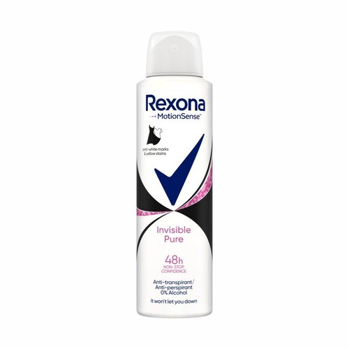 Biała puszka antyperspirantu Rexona MotionSense Invisible Pure 150 ml. Zapewnia 48h ochrony, bez białych śladów.