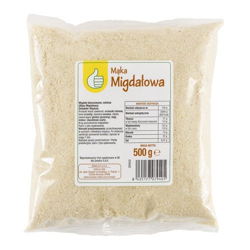 Przezroczyste opakowanie mąki migdałowej o wadze 500 g. Na białej etykiecie z zielonym obramowaniem widnieje nazwa "Mąka Migdałowa", logo kciuka w górę oraz szczegółowe informacje o składnikach i wartościach odżywczych.