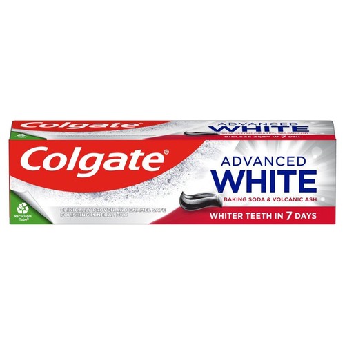 Opakowanie pasty Colgate Advanced White. Zawiera sodę oczyszczoną i popiół wulkaniczny. Bezpieczna dla szkliwa.