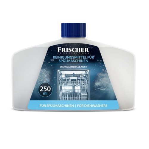 Biała butelka Frischer Professional, środek do czyszczenia zmywarek, 250 ml. Na etykiecie grafika wnętrza zmywarki.