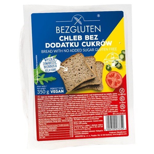 Chleb bezglutenowy BEZGLUTEN, 350g, bez dodatku cukru. Opakowanie z grafiką kromek chleba, informacją "Lactose Free" i "Vegan".