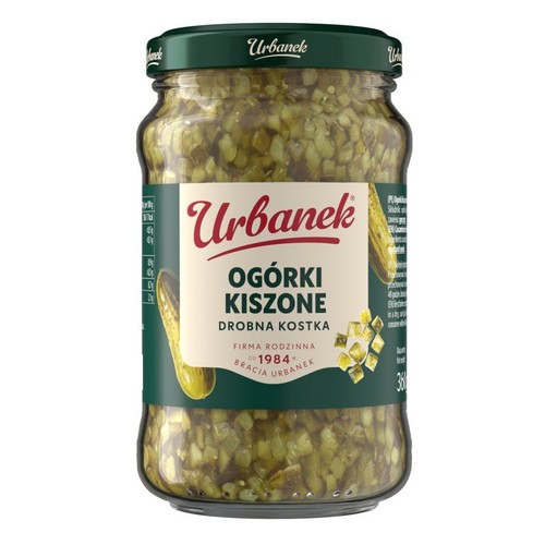 Ogórki kiszone Urbanek, pokrojone w drobną kostkę, w przezroczystym słoiku z zieloną etykietą. Produkt 360g.
