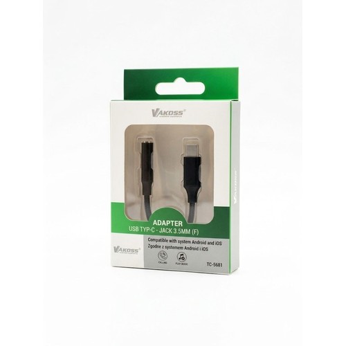 Czarny adapter VAKOSS USB Type-C do gniazda Jack 3.5mm (żeński). Przeznaczony dla urządzeń z Androidem i iOS.