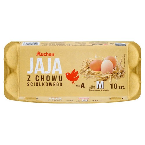 Karton jaj Auchan z chowu ściółkowego, klasa A, rozmiar M, 10 sztuk.