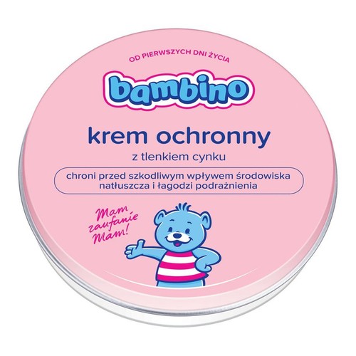 Opakowanie kremu Bambino dla niemowląt, chroni skórę i natłuszcza. Różowe wieczko z misiem.