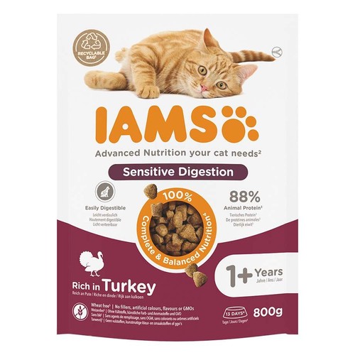 Karma sucha dla kotów z wrażliwym układem pokarmowym z indykiem IAMS 800 g