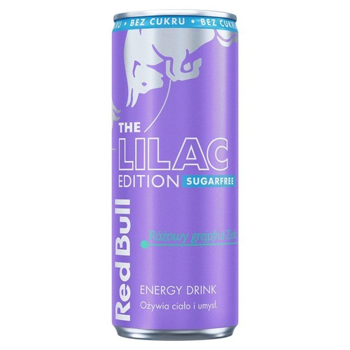 Red Bull The Lilac Edition, napój energetyczny bez cukru. Fioletowa puszka z logo byka. Smak różowego grejpfruta.