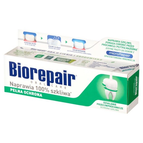 Biało-zielone pudełko pasty Biorepair Oral Care. Chroni przed próchnicą i płytką nazębną. Opatentowana innowacja.
