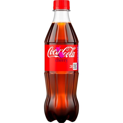 Plastikowa butelka napoju Coca-Cola Cherry. Na czerwonej etykiecie napis "Cherry" i symbol wiśni.