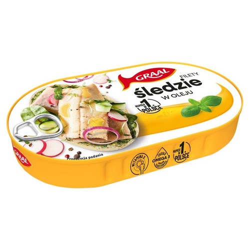 Żółta puszka Graal Filety śledzie w oleju. Na wieczku grafika z propozycją podania: śledzie na pieczywie z warzywami.