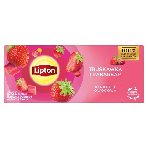 Różowe opakowanie herbaty owocowej Lipton, smak truskawka i rabarbar. Zawiera 20 aromatyzowanych torebek.