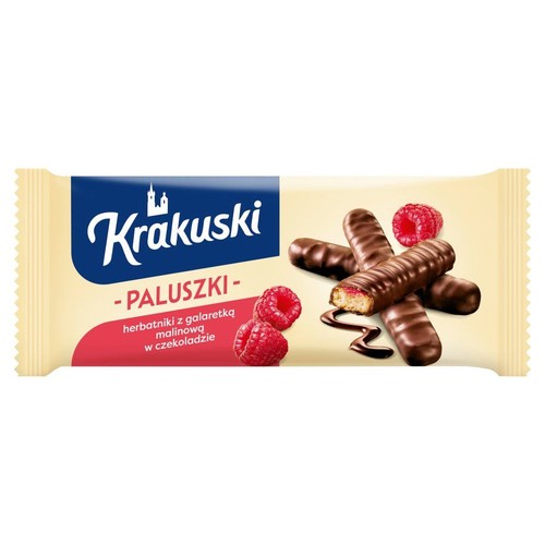 Krakuski Paluszki, herbatniki z malinową galaretką w czekoladzie. Na opakowaniu grafika ciastek i malin.