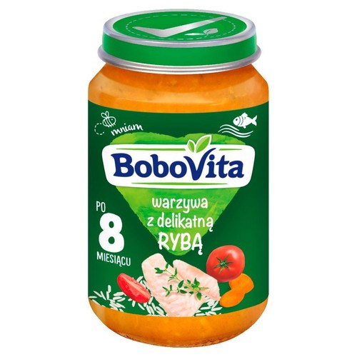 BoboVita, słoiczek z zieloną etykietą, puree warzywne z delikatną rybą. Przeznaczone dla niemowląt po 8 miesiącu życia.