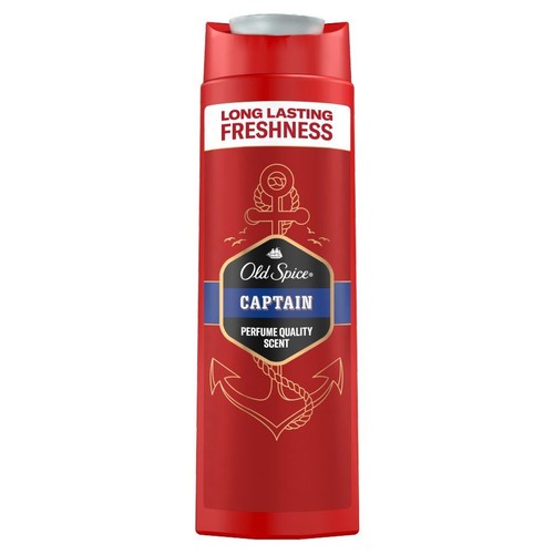 Czerwona butelka Old Spice Captain z napisem "Długotrwała świeżość" i grafiką kotwicy.