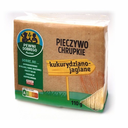 Pieczywo chrupkie kukurydziano-jaglane, 110 g. Na brązowym opakowaniu zielona etykieta Pewni Dobrego Auchan.