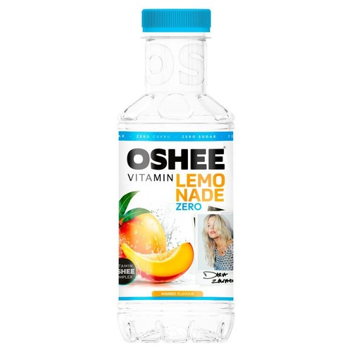 Przezroczysta butelka napoju OSHEE Vitamin Lemonade Zero o smaku mango, z niebieską zakrętką. Na etykiecie widnieje duży napis "OSHEE VITAMIN LEMONADE ZERO", grafika całego mango i kawałka mango, oraz informacja "Zero cukru".