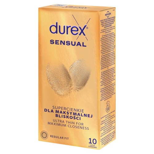 Pudełko prezerwatyw Durex Sensual, ultra cienkie dla maksymalnej bliskości, 10 sztuk.