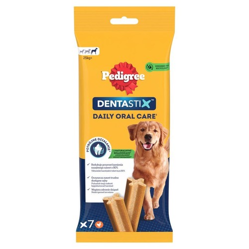 Pionowa torebka Pedigree Dentastix 270g dla psów powyżej 25kg. Na opakowaniu pies, 7 przysmaków i logo recyklingu.