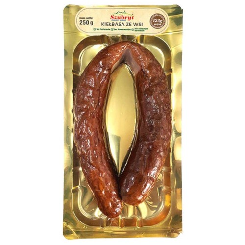 Opakowanie kiełbasy wiejskiej Szubryt, 250g. Zawiera 123g mięsa. Bez konserwantów.