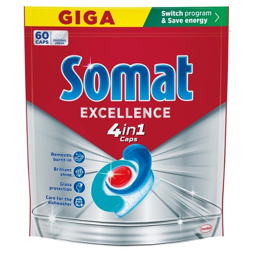 Opakowanie Somat Excellence 4w1 kapsułki do zmywarki, 60 sztuk. Usuwają przypalenia, nadają blask.