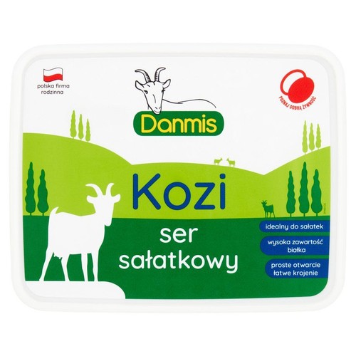 Opakowanie sera sałatkowego koziego Danmis. Na zielonej etykiecie białe kozy i napisy: "Kozi ser sałatkowy", "wysoka zawartość białka".