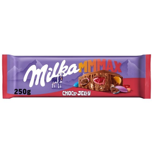 Produkt Milka MMMax Choco Jelly, 250g, w fioletowym opakowaniu. Na etykiecie logo Milka, krowa i góry. Grafika prezentuje czekoladę z widocznymi w środku kawałkami galaretki w różnych kolorach oraz małymi drażetkami.