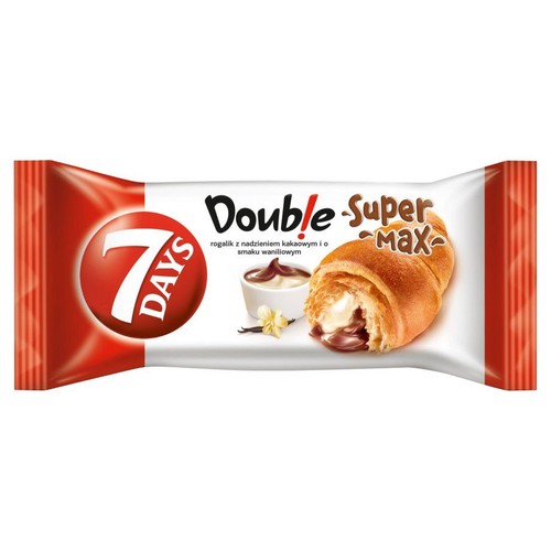 Opakowanie rogalika 7 DAYS Double Super Max z nadzieniem kakaowym i waniliowym. Na opakowaniu grafika przekrojonego rogalika.