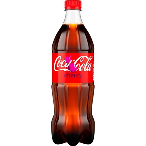 Plastikowa butelka Coca-Cola Wiśniowa z czerwoną etykietą, białym logo i grafiką wiśni.