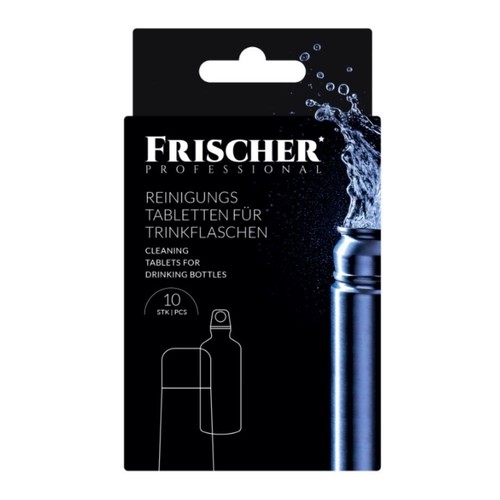 Opakowanie Frischer Professional z 10 tabletkami do czyszczenia butelek. Na pudełku grafika butelki i rozpryskującej się wody.
