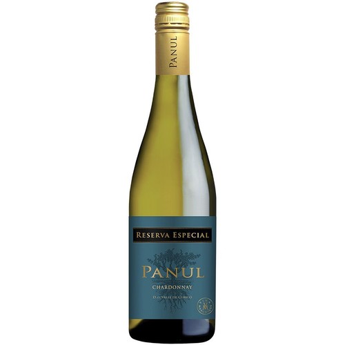 Wino Panul Chardonnay Reserva Especial w przezroczystej butelce. Morska etykieta ze złotym napisem Panul i grafiką korzeni.