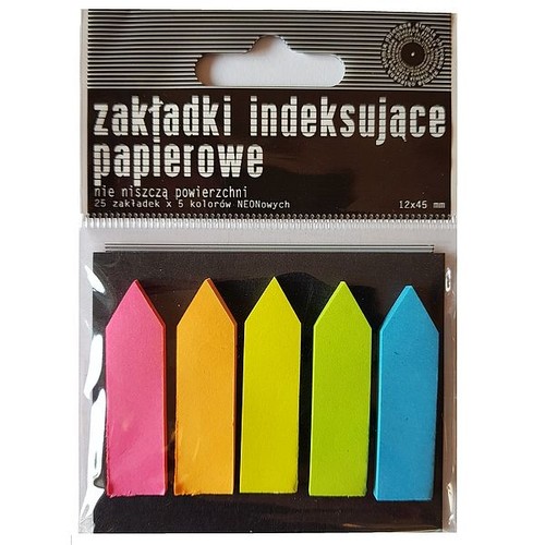 Opakowanie 25 papierowych zakładek indeksujących, każda o wymiarach 12x45 mm. Zakładki są w 5 neonowych kolorach: różowym, pomarańczowym, żółtym, zielonym i niebieskim. Produkt nie niszczy powierzchni, idealny do oznaczania stron.