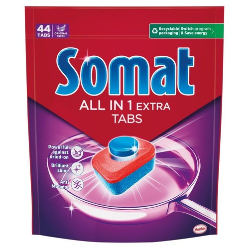 Opakowanie Somat ALL IN 1 EXTRA TABS, 44 tabletki. Zapewniają mocne czyszczenie i blask.