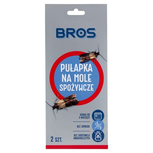 Opakowanie pułapek na mole spożywcze BROS, zawiera 2 sztuki. Produkt jest bezzapachowy i działa do 3 miesięcy.