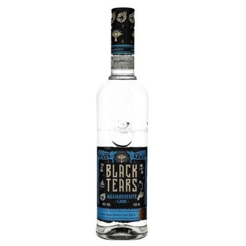Przezroczysta butelka Aguardiente Black Tears Cane Spirit. Pojemność 700 ml, 40% objętości alkoholu.