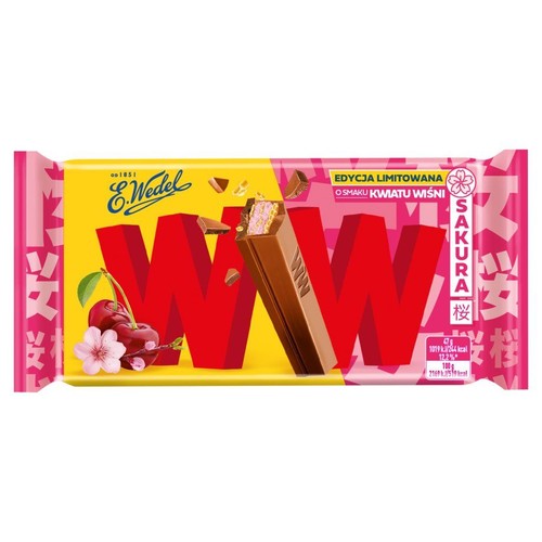 Wafelki przekładane kremem o smaku kwiatu wiśni w mlecznej czekoladzie WW 45 g