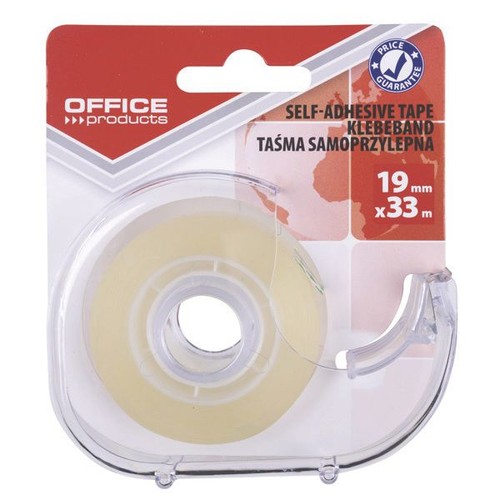 Taśma samoprzylepna marki Office Products w przezroczystym, plastikowym dyspenserze. Taśma jest lekko żółtawa, o szerokości 19 mm i długości 33 m. Opakowanie zawiera logo "Price Guarantee" i napisy w kilku językach.