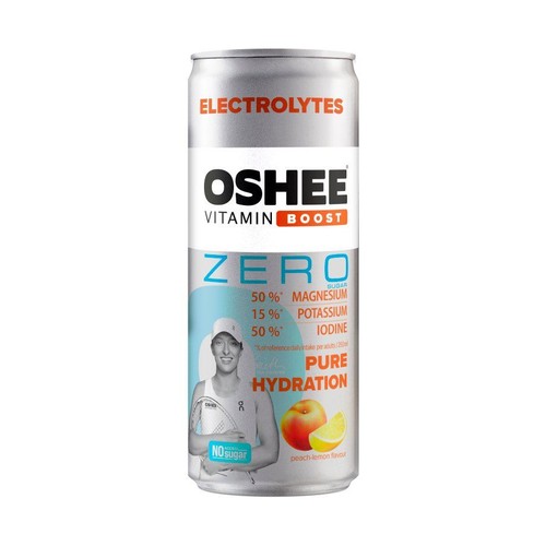 Puszka OSHEE Vitamin Boost Zero, elektrolity, smak brzoskwinia-cytryna, bez cukru.