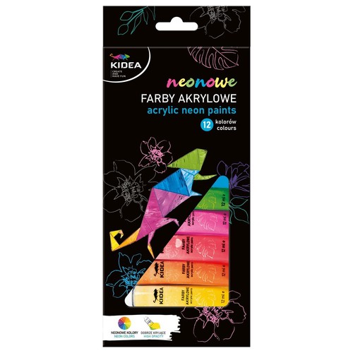 Zestaw 12 neonowych farb akrylowych KIDEA, każda tuba po 12 ml, w czarnym opakowaniu z kolorową grafiką.