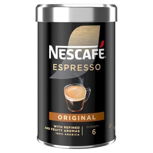 Kawa rozpuszczalna Nescafé Espresso w czarnej puszce z srebrną pokrywką. Opis: 100% Arabica, intensywność 6.