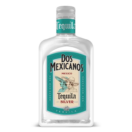 Butelka tequili Dos Mexicanos Silver 700 ml z białą zakrętką. Etykieta ma turkusowe obramowanie i białe tło. Przedstawia dwóch mężczyzn w sombrero, napis "Dos Mexicanos Mexico" i "Tequila Silver".