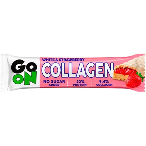 Baton GO ON Collagen o smaku białej czekolady i truskawki w biało-różowym opakowaniu. Na opakowaniu grafika kawałka ciasta z truskawkami. Produkt bez dodatku cukru, zawiera 33% białka i 9,4% kolagenu.