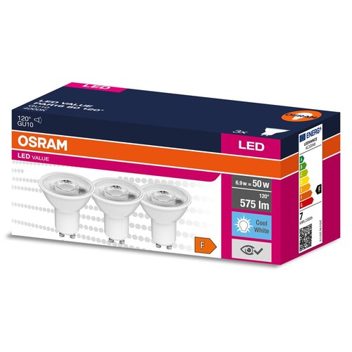 OSRAM LED VALUE GU10, zestaw 3 żarówek LED. Moc 6.9W (odpowiednik 50W), 575 lm, barwa zimna biała.