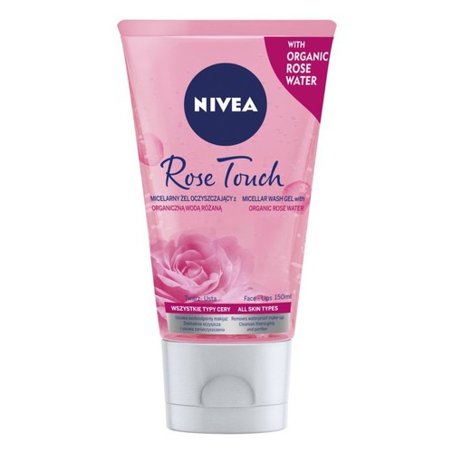 Różowa tuba Nivea Rose Touch, micelarny żel oczyszczający z organiczną wodą różaną, 150ml. Do twarzy i ust, dla wszystkich typów cery.