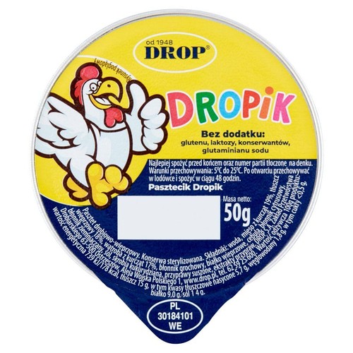 Pasztecik Dropik 50g, bez glutenu i laktozy. Na żółtym wieczku uśmiechnięty kurczak z kciukiem w górę.